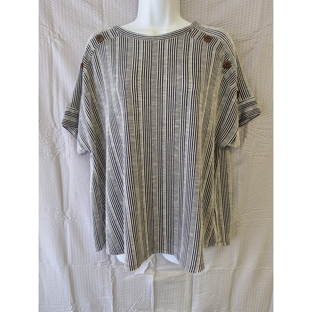 Westbound Womens Large Navy White Striped Button Shoulder Short Sleeve Knit Top